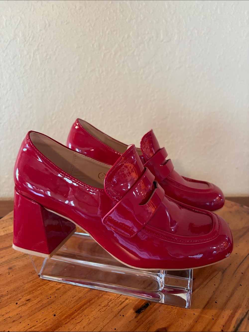 Glossy Red Block Heel Loafer for Women